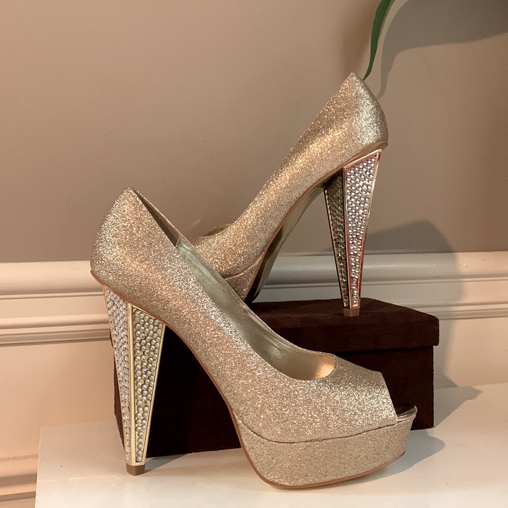 New! Bebe Gold Pumps with Rhinestones on Heels